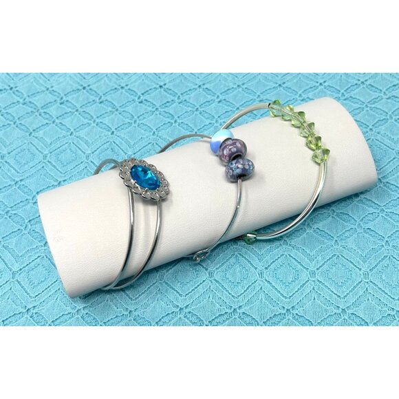 3 Silver-Tone Bangle Bracelets‎ With Blue Purple & Green Beads - Picture 7 of 7